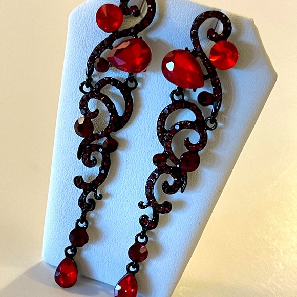 Red Rhinestone Earrings Diamond Crystal Long Dangle Drop Earrings - Picture 3 of 6